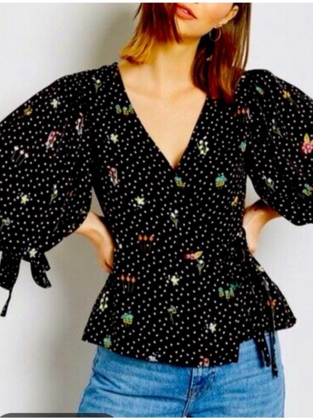 Topshop Black Polka Dot Floral Wrap Top with Puff Sleeves
